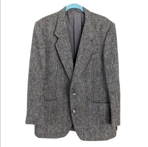 Vintage Tweed Wool Herringbone Suit Jacket Blazer Black Gray unisex wm large
